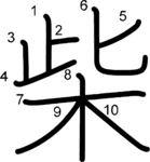 kanji stroke order for 柴