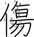 kanji stroke order for 傷