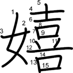 kanji stroke order for 嬉