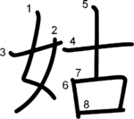 kanji stroke order for 姑